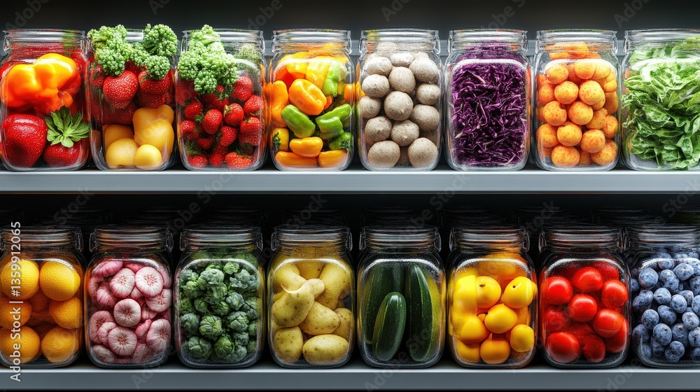 Poster two shelves display an array of clear glass jars filled with colorful fresh fruits and vegetables in