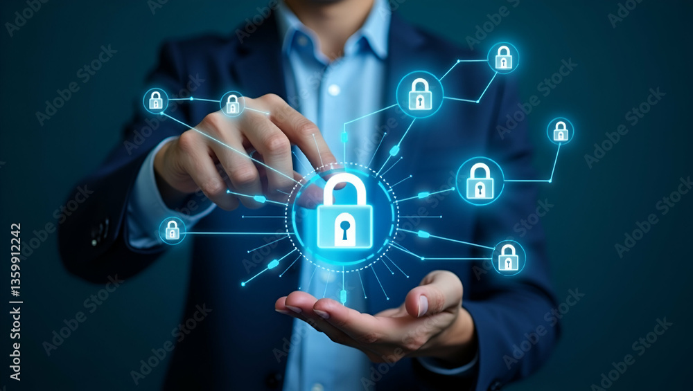 Poster businesspeople protecting personal information with global network security technology featuring enc
