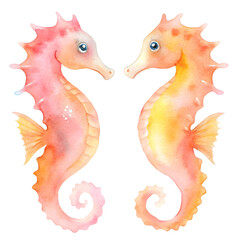 Two watercolor seahorses facing each other with pink and orange hues on a transparent background illustration