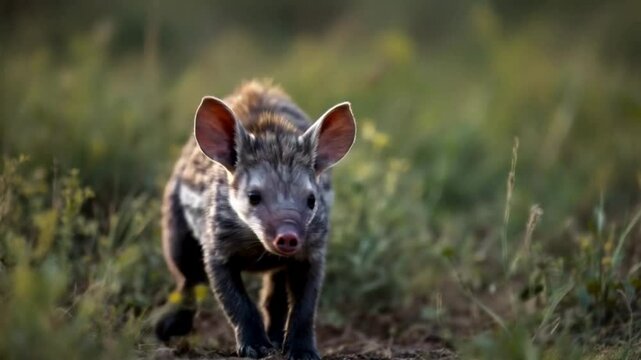 A young aardvark follows its mother through the grasslands, their large ears swiveling as they move quietly across the terrain under the moonlight