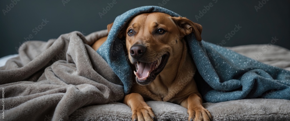 Poster a dog is resting on a bed with a blanket draped over its head. the dog appears to be panting and is 