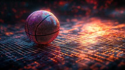 **A holographic basketball with iridescent colors shifting in the light, floating against a futuristic digital grid.