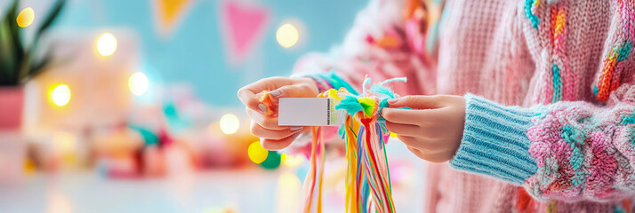 Celebration: A child crafts party favors with colorful yarn and a blank card for upcoming event, craft for print, card, invitation
