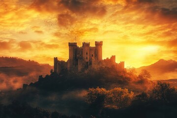 Obraz premium Majestic castle on a hilltop bathed in golden sunset light over foggy landscape