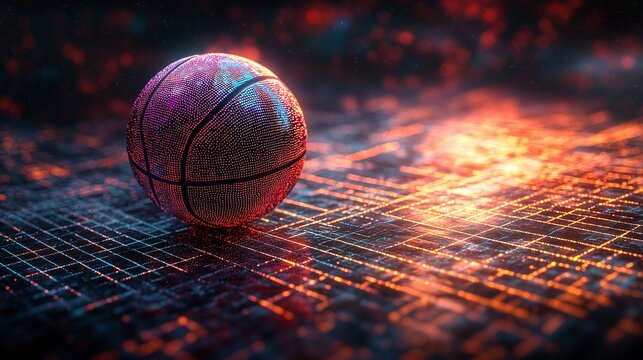 **A holographic basketball with iridescent colors shifting in the light, floating against a futuristic digital grid.