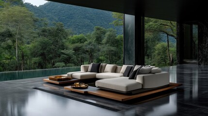 Modern outdoor sectional sofa with a stunning mountain view.  Luxury patio furniture set on a raised platform