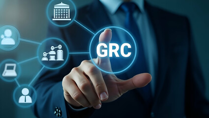 Businessman Engaging with GRC Icons on Digital Interface: Governance, Risk Management, Compliance & Ethics