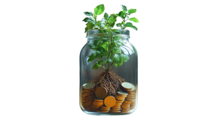 Nurturing Finances: An inspiring visual showcasing the growth of savings. A vibrant plant, symbolizes financial growth, rooted in a foundation of coins. Capturing the essence of investment