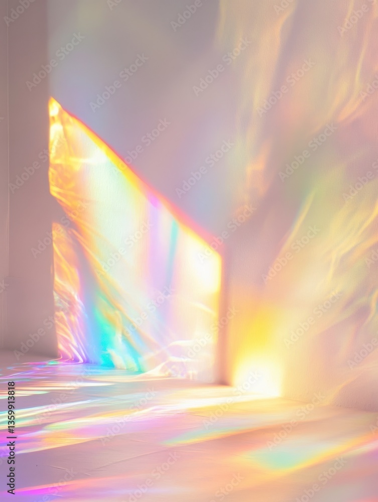 Poster dreamy holographic rainbow light refraction texture overlay with abstract soft bokeh effect on a whi