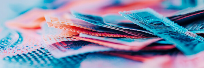 Abstract close up of stacked documents with vibrant teal and coral hues for corporate document promotion