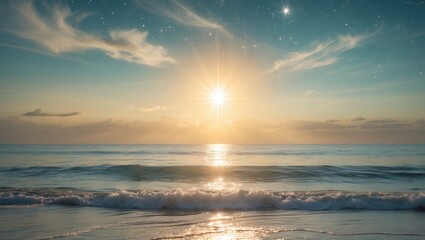 Fototapeta premium A global platform for fast access to water and food, featuring a cartoonishly adorable sun rising over the sea, complete with waves, a star, and some clouds.