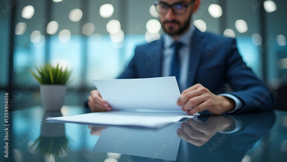 Poster businessman reviewing steps in document with checkboxes for regulations, practices, policies, terms 