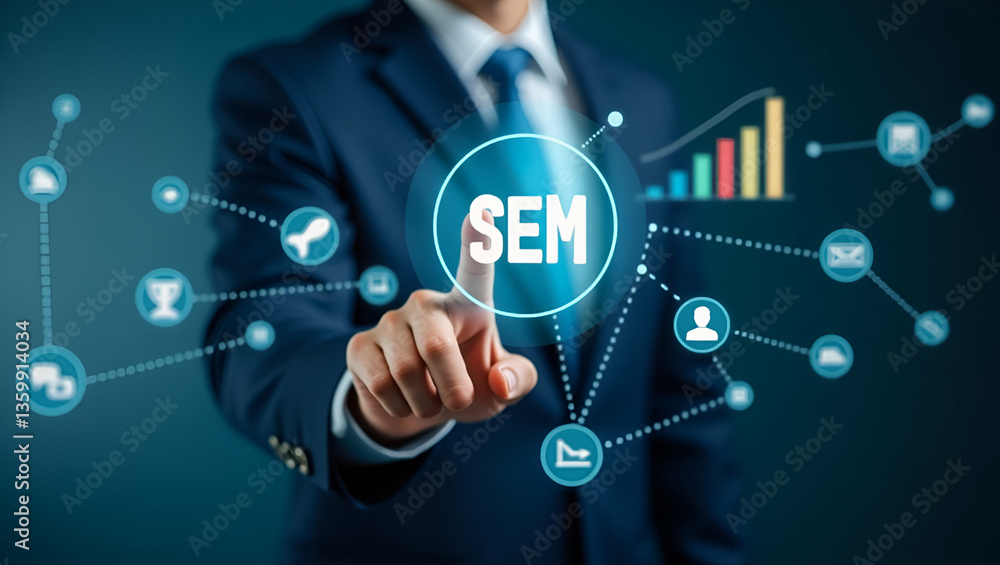 Poster flat businessman points to sem icons on digital interface representing search engine marketing seo s