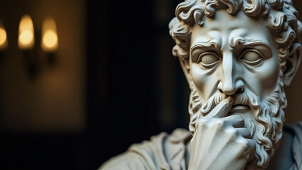 An ancient statue of a thoughtful figure, with a serene and contemplative expression. The statue exudes wisdom and mystery, capturing the essence of timeless art and classical beauty in its design.

