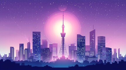 Naklejka premium Night cityscape with illuminated skyscrapers and a prominent tower. A vibrant, stylized illustration of a modern city at twilight, highlighted by a large, glowing orb
