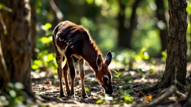 A young okapi grazes quietly in the shadow of the trees, its large ears twitching at every sound while the forest around it teems with life