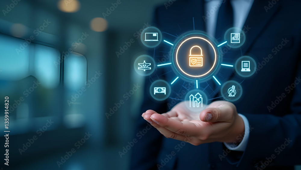 Poster hand holding holographic quality control certification device showing assurance guarantee icons for 
