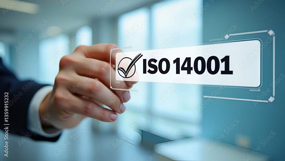 Poster hand places checkmark on iso 14001 label: symbolizing quality control and certification for environm