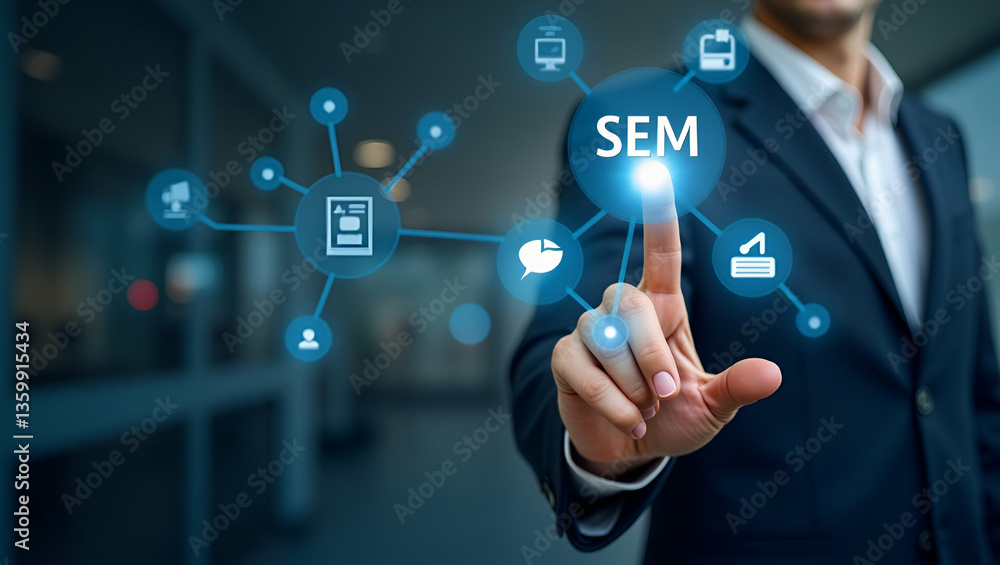 Poster businessman highlighting sem icons on digital interface: a visual guide to search engine marketing s