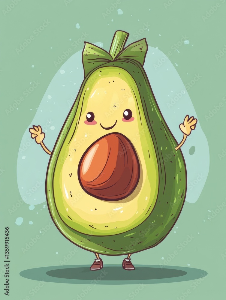 Aufkleber Humorous cartoon avocado joyfully carrying a large grocery bag in a playful pastel background with exaggerated proportions Generative AI