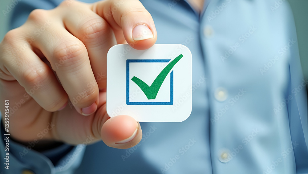 Poster flat hand places checkmark on iso 14001 label representing quality control and certification for env