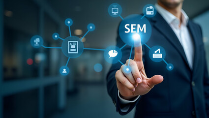 Businessman Highlighting SEM Icons on Digital Interface: A Visual Guide to Search Engine Marketing Strategies and Online Advertising Rankings with Space for Customization