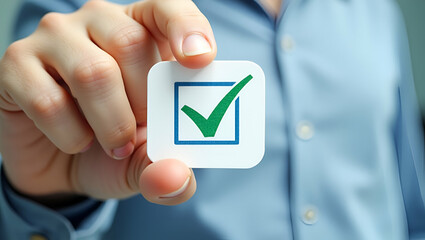 Flat Hand places checkmark on ISO 14001 label representing quality control and certification for environmental management systems (EMS). concept as Hand places checkmark on ISO 14001 label representin