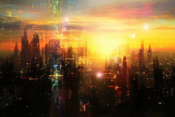 Fototapeta premium Vibrant sunset over a futuristic city skyline filled with towering structures and glowing lights