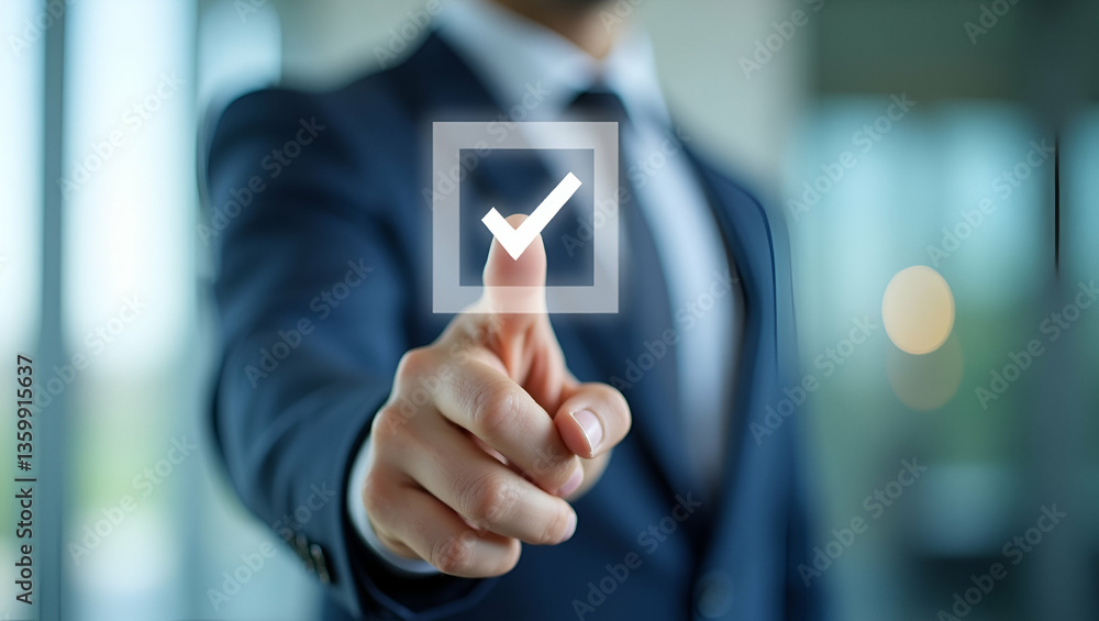 Poster businessman reviewing document checklist: evaluating regulations, policies, and ethical rules for qu