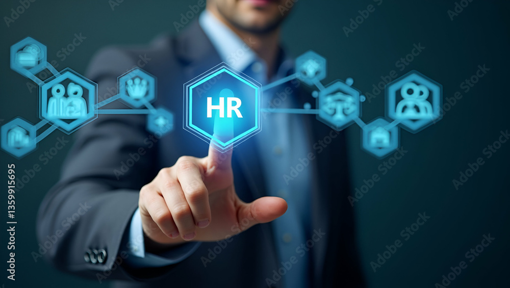 Poster hand interacting with holographic hr targeting interface: visualizing human resource recruitment and