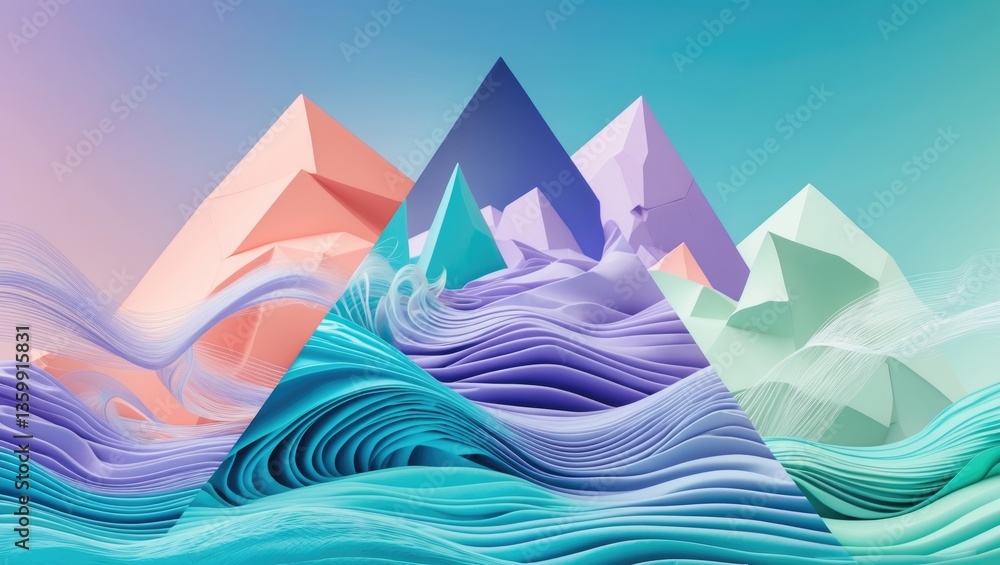 Poster a triangular-shaped abstract ocean backdrop, a polygonal cloudy sky, waves, and optical art; reality