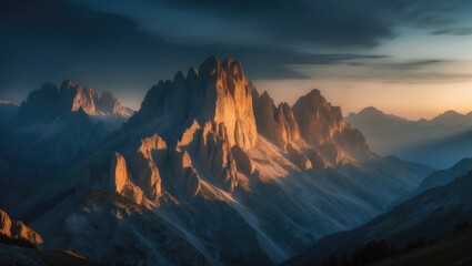 Naklejka premium At twilight, the Dolomite Mountains.