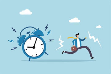 Late, hurry to go to work, rushing or running fast before deadline, speed or busy job, pressure or challenge to finish work in time, urgency concept, frustrated businessman hurry running to work late.