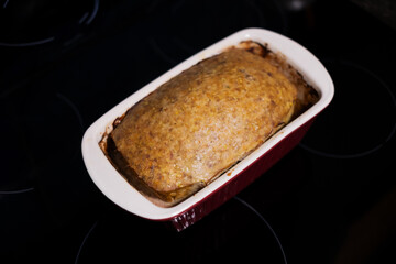 Homemade meat casserole in a baking dish