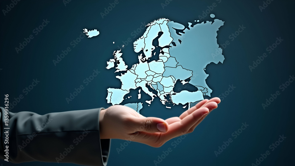 Poster flat hand interacting with holographic europe map highlighting family trip destinations with empty s