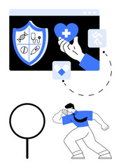 User exploring online health services. Shield with medical icons, hand holding heart health emblem. Ideal for health apps, insurance, fitness, wellness, telemedicine, modern lifestyle flat simple