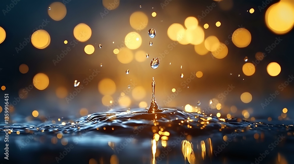 Poster water drop splash creating crown shape with floating droplets, captured at high speed against dark b