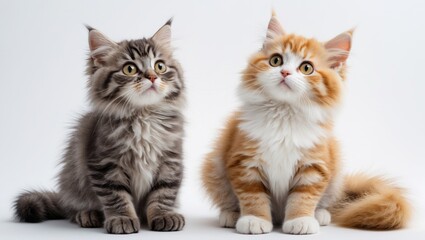 Obraz premium Two kittens, 3 months old, sitting and gazing upward against a white background.