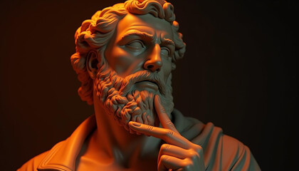 An ancient statue of a thoughtful figure, with a serene and contemplative expression. The statue exudes wisdom and mystery, capturing the essence of timeless art and classical beauty in its design.

