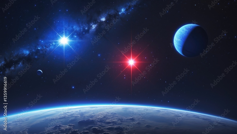 Poster a planet within a binary star system. deep space features blue and red stars. speculative science.