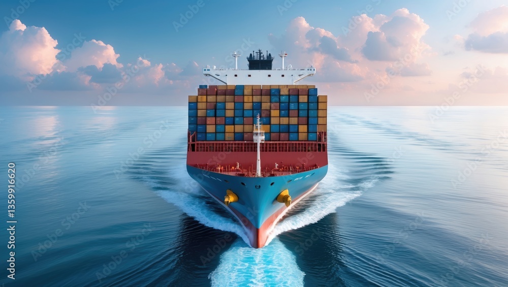 Poster aerial view from the front of a loaded container cargo ship moving across the ocean.