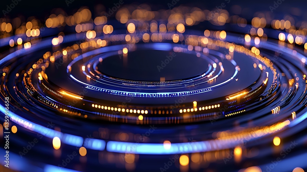 Aufkleber glowing circular light trails with blue and orange bokeh effects create futuristic technology patter