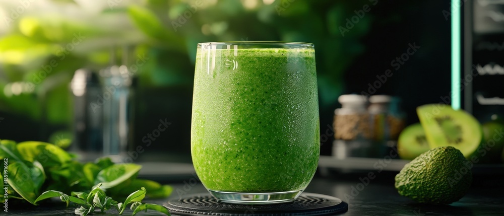 Poster Refreshing green smoothie with condensation on a dark surface surrounded by fresh green leaves and partially visible kiwi slices in the background