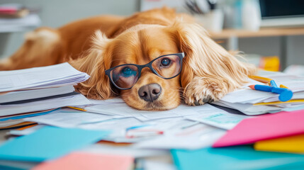 A day in the life: Adorable dog wearing glasses overwhelmed by paperwork