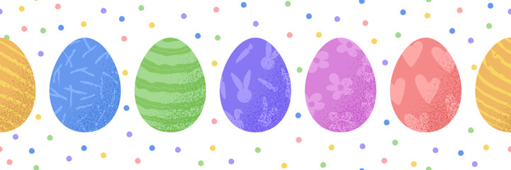 Happy easter seamless pattern. Horizontal Easter seamless pattern with eggs beautiful background. Suitable for Easter cards, banner, textiles, wallpapers. Vector illustration white bg