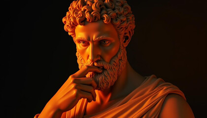 An ancient statue of a thoughtful figure, with a serene and contemplative expression. The statue exudes wisdom and mystery, capturing the essence of timeless art and classical beauty in its design.

