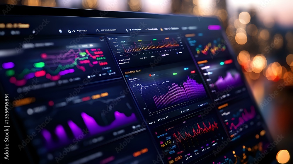 Poster financial trading platform with multiple colorful charts, graphs and market analysis indicators disp