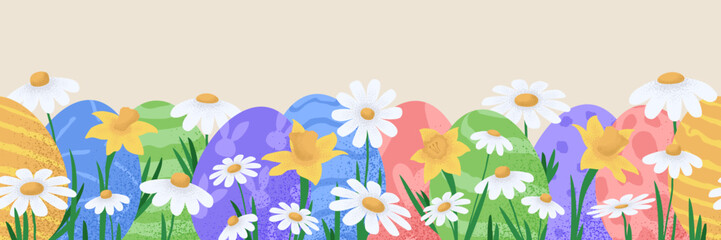 Happy easter seamless pattern. Horizontal flat Easter seamless pattern with eggs and flowers beautiful background. Suitable for Easter cards, banner, textiles, wallpapers. Vector illustration