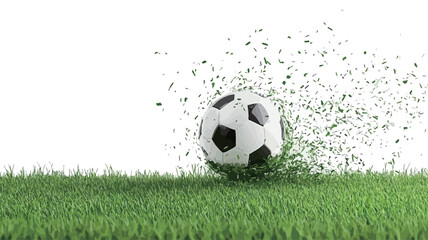 A close-up image depicts a classic black and white soccer ball situated on a patch of vibrant green grass against a stark white background. The ball appears to be in motion, with numerous small,