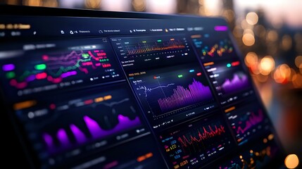Obraz premium Financial trading platform with multiple colorful charts, graphs and market analysis indicators displayed on dark interface against blurred bokeh background.